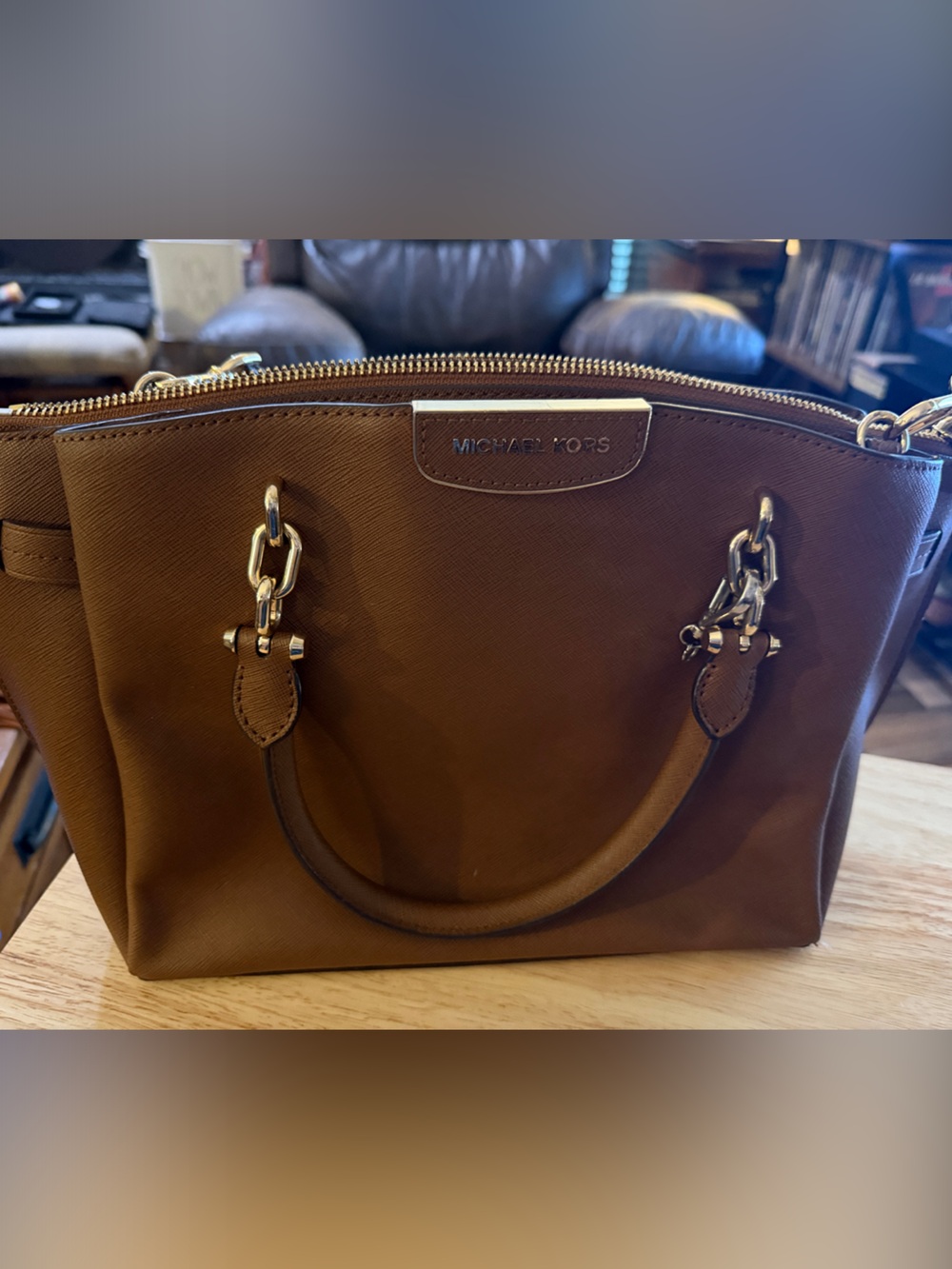 Michael Kors Chocolate Brown Saffiano Leather Satchel with Gold Hardware